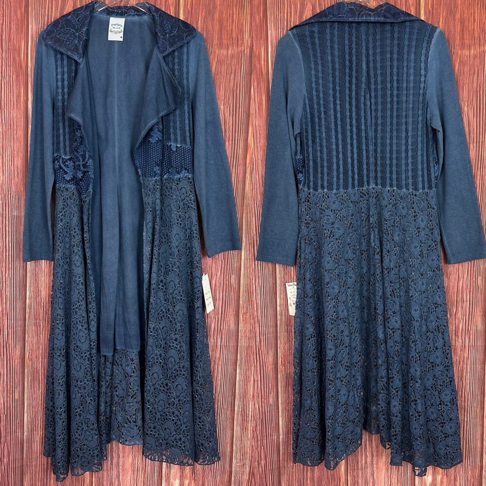 Tlew De Lis Long Cardigan Crochet Blue Blue Knit Whimsigoth Witchy Medium NWT